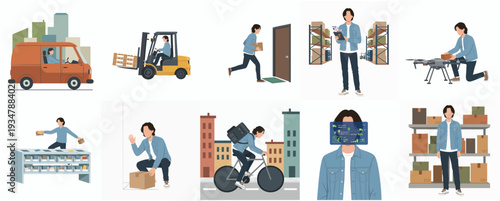 Flat Illustration Different Delivery Methods and Logistics Staff Worker Icons