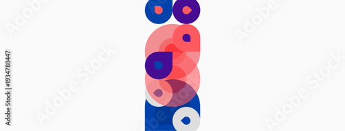 Abstract composition featuring overlapping circles. Pink, purple, blue hues dominate white background. Modern, minimalist design.