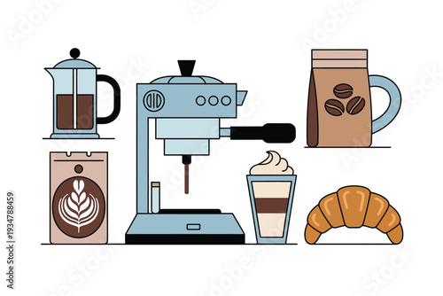 Coffee and breakfast elements set with espresso machine, french press, coffee bags, latte, and croissant, isolated on white background