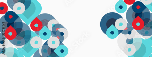 Abstract circles overlap, creating vibrant patterns. Blue, teal, red hues dominate white background. Modern design element.