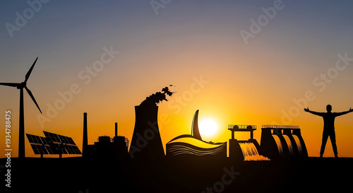A silhouette of a man standing with arms outstretched in front of a renewable energy landscape at sunset
