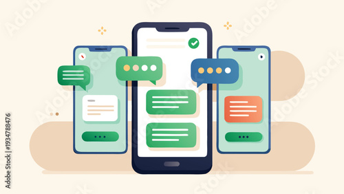 iMessages dual chat interface mockup with bubble conversations keyboard, modern unified messaging layout, messaging experience vector illustration, Modern Mobile Messaging UI with Smartphone Screens