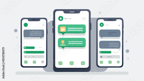 iMessages dual chat interface mockup with bubble conversations keyboard, modern unified messaging layout, messaging experience vector illustration, Modern Mobile Messaging UI with Smartphone Screens