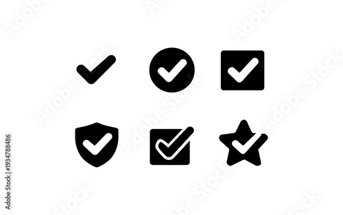 Collection of six different black checkmark icons on a white background