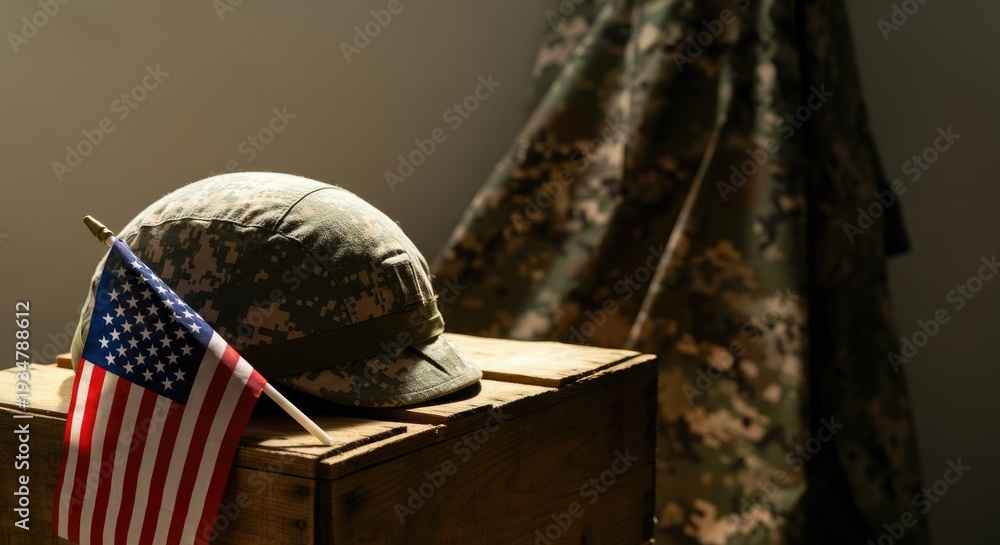 Naklejka premium American military helmet and small US flag on a wooden crate with a camouflage uniform draped in the background