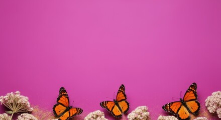 Three orange monarch butterflies perched on white umbel flowers against a vivid pink background, bright floral border with ample copy space