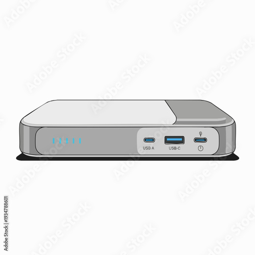 Power bank vector illustration with USB ports; portable battery pack design for electronic device charging; gadget icon on white