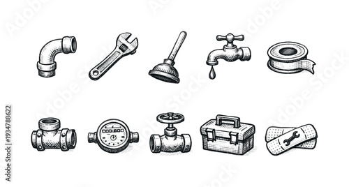 Plumbing tools outline icon set. pipes, wrench, faucet, toolbox, plumbing symbols.