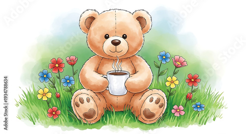 A cute teddy bear sitting in a field of colorful flowers holding a steaming cup of coffee