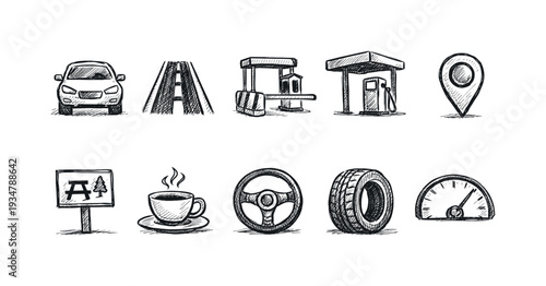 Transportation and travel outline icon set. vehicles, road trip essentials outline collection