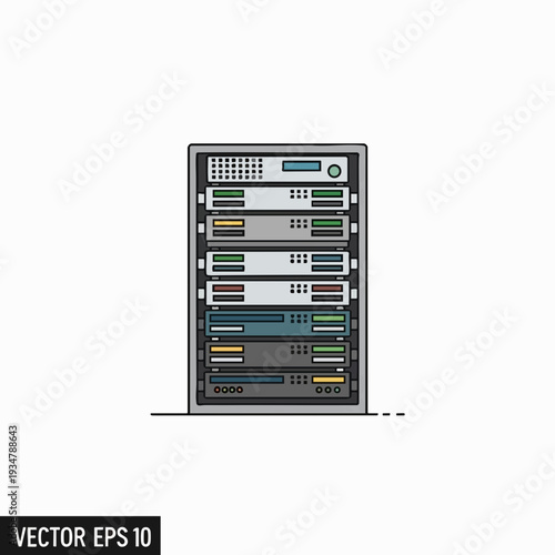 Rack mount server array hardware with multiple network servers vector illustration for data center hosting service and telecom infrastructure