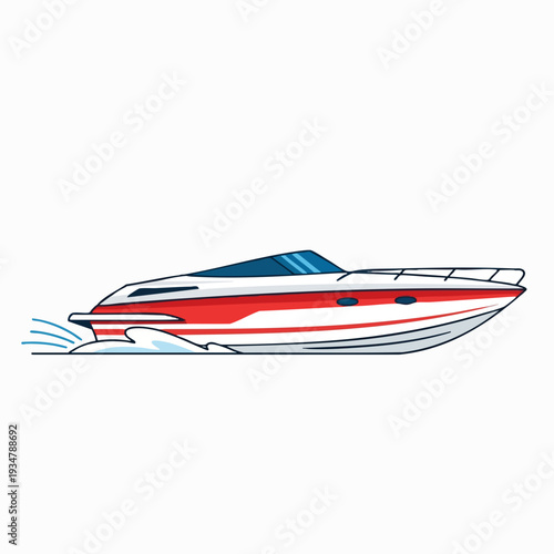 Red and white speedboat illustration cruising on water; modern marine transportation vector art for tourism and leisure adventures