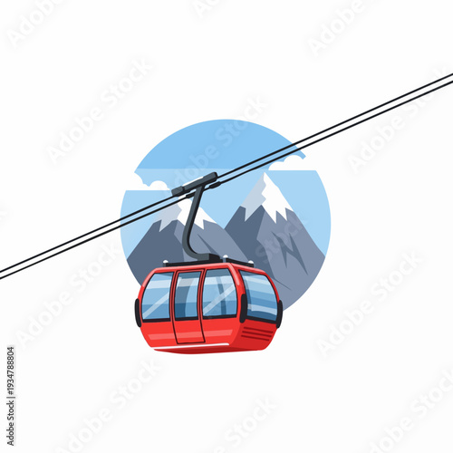 Red gondola lift cabin ascending snowy mountain range illustration on sky blue circle backdrop for winter travel concept