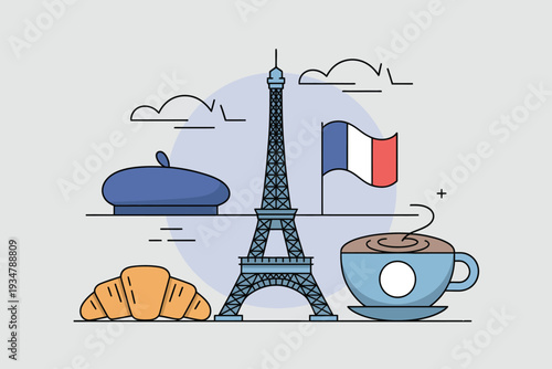 Illustration of French symbols including Eiffel Tower, beret, croissant, French flag, and coffee on a light gray background