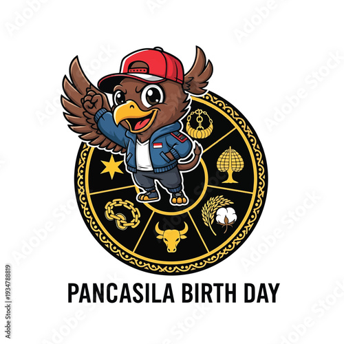 Cartoon mascot bird with wheel of zodiac icons for Pancasila Birthday