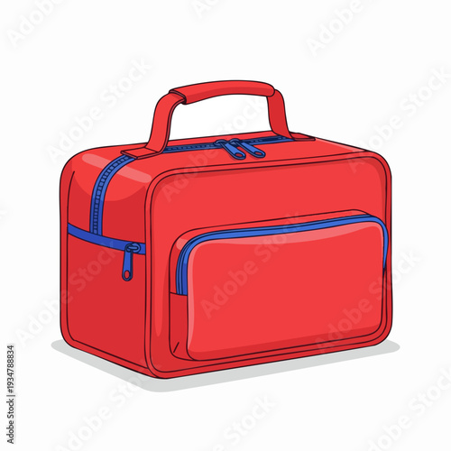 Red lunch bag with blue zippers cartoon style carry case for kids meal container design element school lunchbox illustration picnic food storage accessory