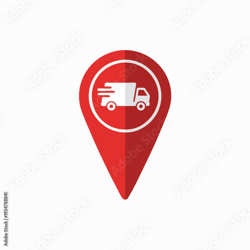 Red map pin with delivery truck icon delivering packages quickly vector graphic for navigation apps and express distribution services