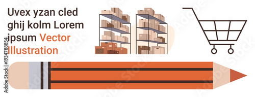 Retail industry, warehouse management, shopping, inventory storage, office supplies, e-commerce. Pencil, warehouse shelves and shopping cart. Retail industry and warehouse management concept