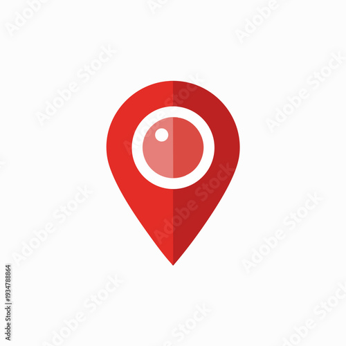 Red map pointer with camera lens icon location pin symbol digital design flat vector illustration for travel photography app interface
