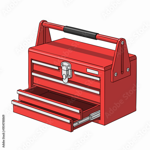 Red metal toolbox with drawers partially open illustration of a tool storage organizer with carry handle clean design element