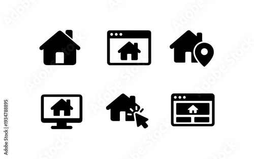 Collection of six black house icons representing different aspects of home and real estate