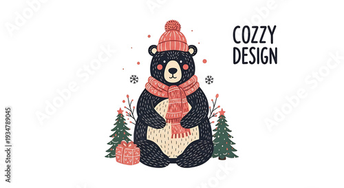 A cute black bear wearing a red winter hat and scarf, sitting in a festive holiday scene with Christmas trees and presents.