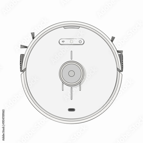 Robotic vacuum cleaner viewed from above in clean minimalist style; white appliance with gray and black features ideal for design use