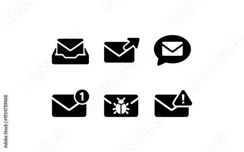Collection of modern black email icons representing various communication scenarios