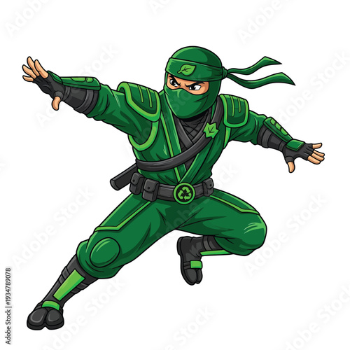 Ninja Warrior in Green Suit Performing Aerial Kick