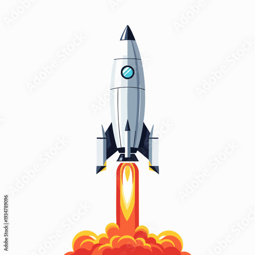 Rocket launching with fire and smoke illustration in cartoon style; creative spaceship taking off with blastoff flames for futuristic design