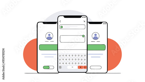 iMessages dual chat interface mockup with bubble conversations keyboard, modern unified messaging layout, messaging experience vector illustration, Modern Mobile Messaging UI with Smartphone Screens
