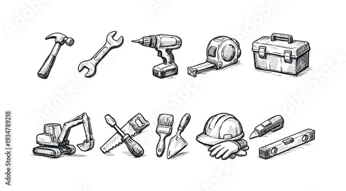 Tools and construction outline icon set. home improvement, repair, diy collection