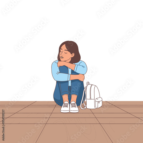 Sad Young Woman Sitting Alone on Floor with Backpack, Feeling Lonely and Depressed