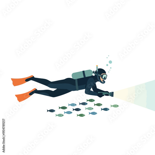 Scuba diver with flashlight explores underwater world with school of fish