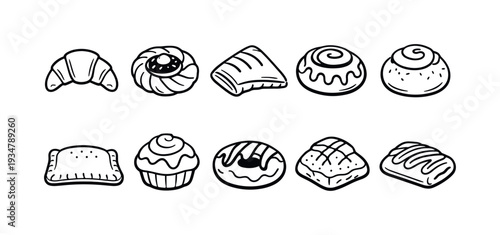Bakery, pastry outline icon set. bread, baked goods, cake icons in outline style