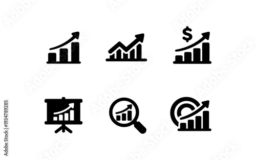 Collection of six black icons representing business growth and financial success
