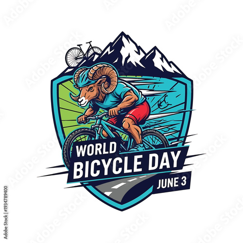 World Bicycle Day Logo with Mountain Terrain and Ram Cyclist