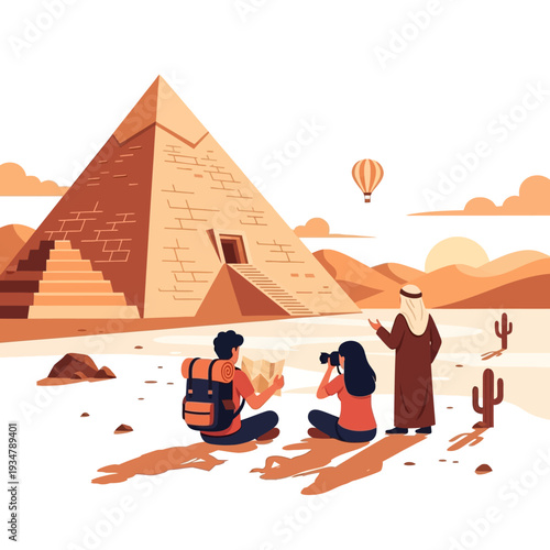 Tourists explore ancient Egyptian pyramids with a guide, hot air balloon in sky