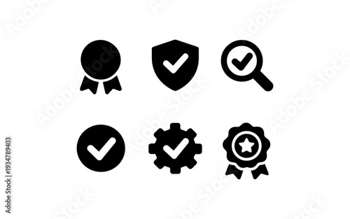 Set of black icons representing quality, approval, and verification symbols