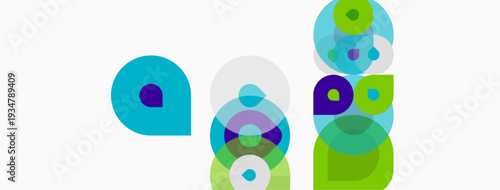 Abstract colorful circles overlap, creating dynamic visual composition. Shapes vary sizes, hues, forming interesting patterns.