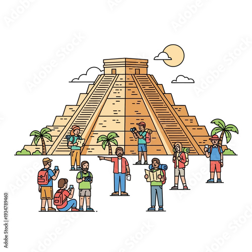 Tourists Explore Ancient Mayan Pyramid Under Sunny Sky with Palm Trees