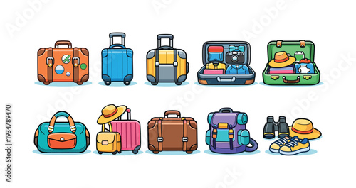 Travel, tourism flat icon set. luggage, vacation, adventure icons flat collection