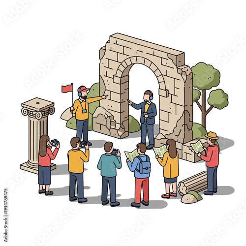 Tourists explore ancient ruins with guides, learning history and taking photos at archaeological site.