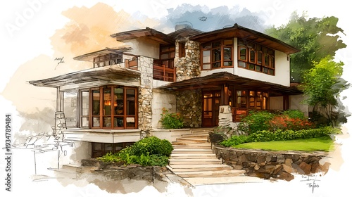 A beautiful modern house with stone accents and wooden trim sits led among lush greenery in a stylized watercolor painting style scene.