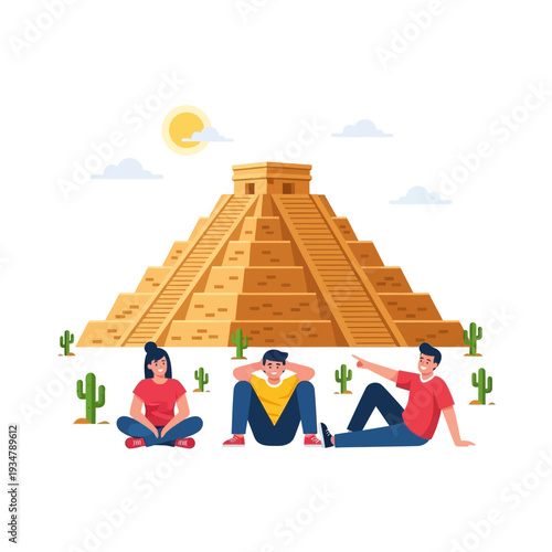 Tourists relax near ancient Mayan pyramid El Castillo, Chichen Itza, Mexico