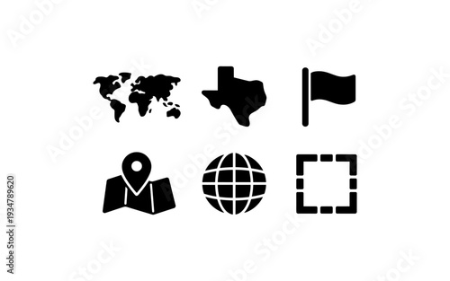 Collection of location and navigation icons including world map, Texas, flag, map pin, globe, and crop marks