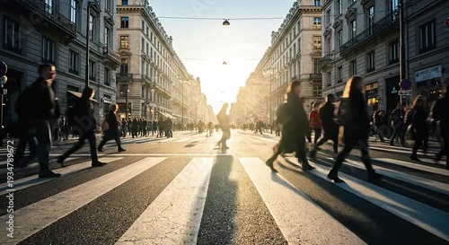 People walking across a busy urban crosswalk at sunset, flanked by tall buildings