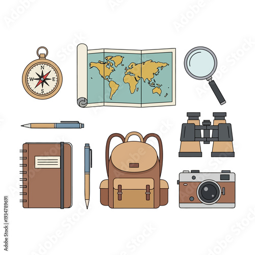 Travel Adventure Gear: Map, Compass, Backpack, Camera, Binoculars, Magnifying Glass, Notebook, Pens