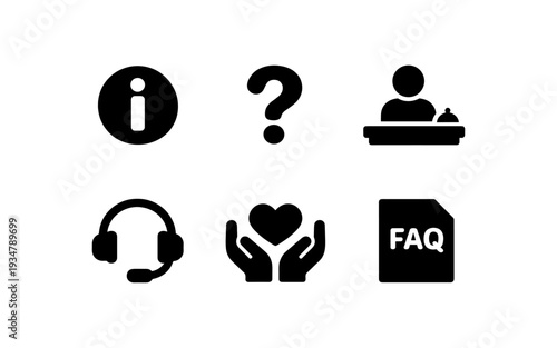 Collection of customer service and support icons including information, question, and FAQ