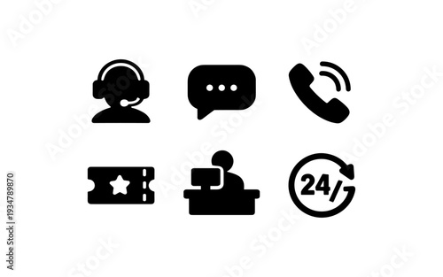 Collection of service and support icons including headset, chat, phone, ticket, and 24/7 support